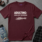 Text "Adulting: Would Not Recommend" with chaotic squiggles and pointing arrow design