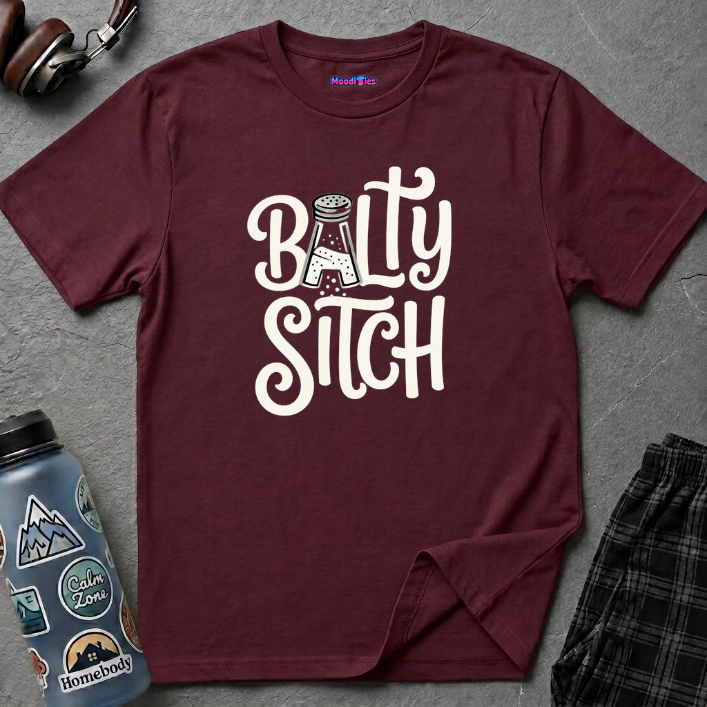 Text "Balty Sitch" in a sassy font with an A-shaped salt shaker in the place of the A in Balty.
