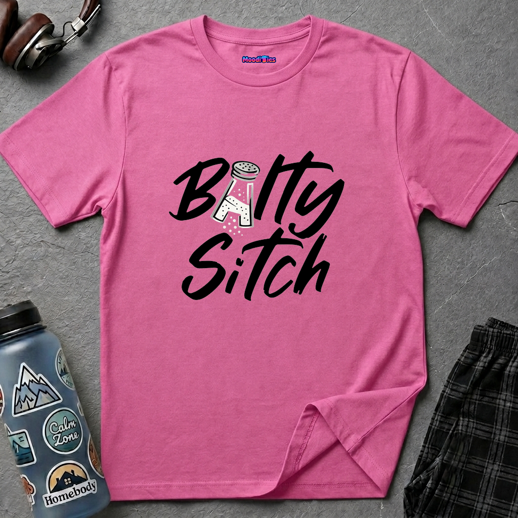 Stylized script reading "Balty Sitch" with a salt shaker replacing the letter A, tilted as if sprinkling salt.