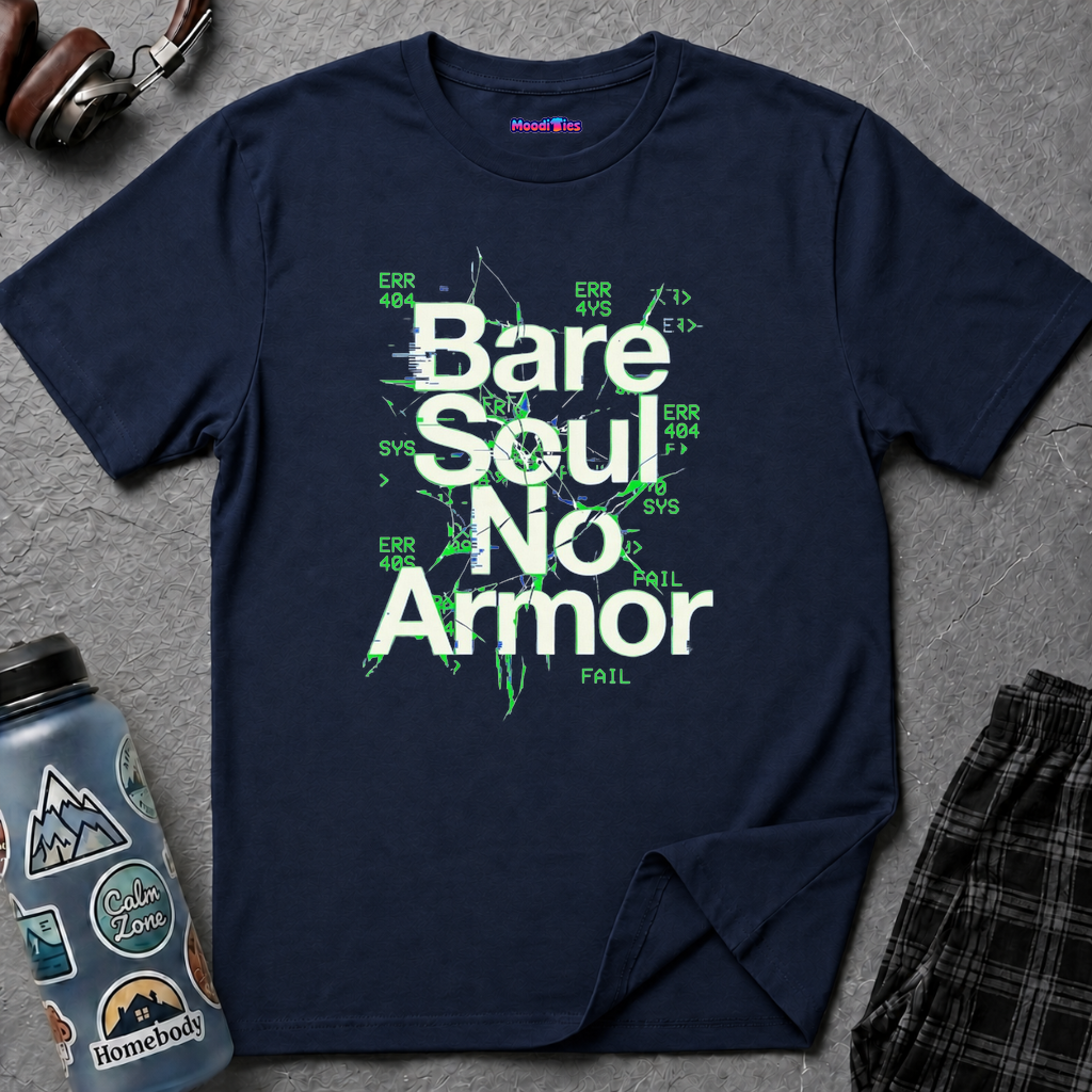 Text "Bare Soul No Armor" in large white font on broken green glass with green error codes.