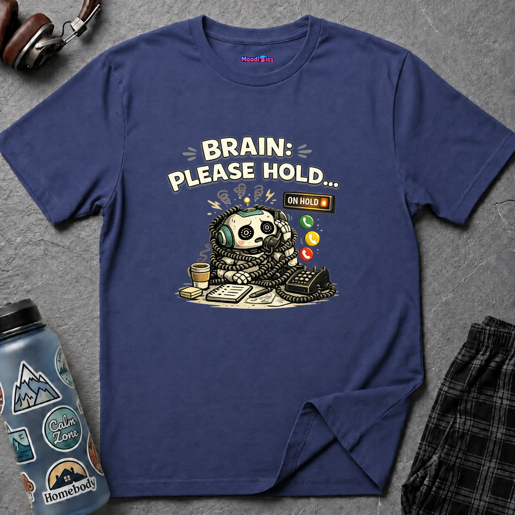 Text  "Brain: Please Hold" with distressed robot tangled up in yards of the curly cord of a retro-style phone with multiple calls on hold