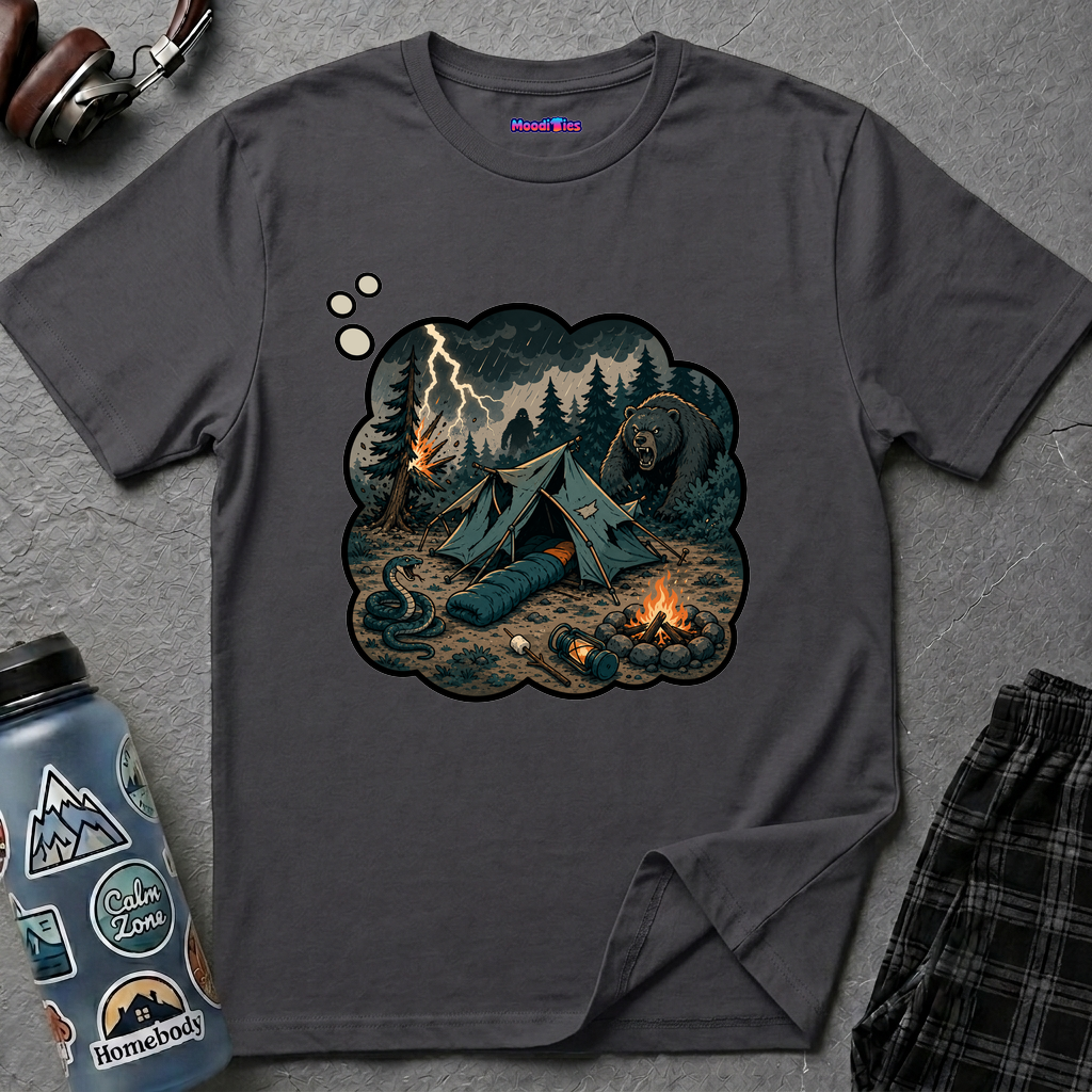 Thought bubble filled with chaotic camping scene showing lightning, bear, snake, and tent with sleeping bag inside