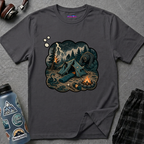 Thought bubble filled with chaotic camping scene showing lightning, bear, snake, and tent with sleeping bag inside