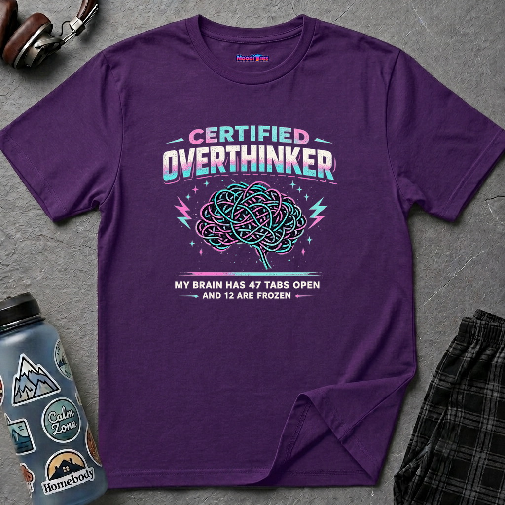 Text "Certified Overthinker" over a chaotic retro wire brain graphic with "My brain has 47 tabs open and 12 are frozen" underneath.