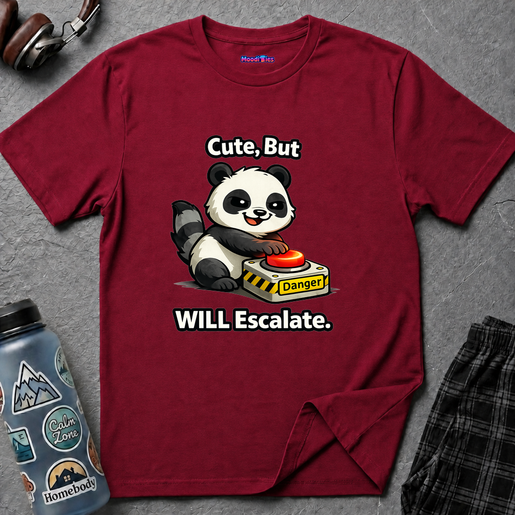 Text "Cute, But Will Escalate," with cute mischievous panda touching red glowing danger button