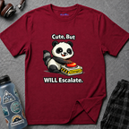Text "Cute, But Will Escalate," with cute mischievous panda touching red glowing danger button