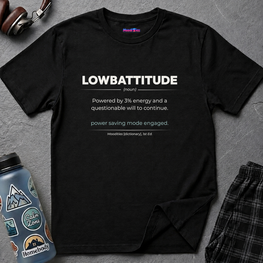 Dictionary entry-style text featuring the word "Lowbattitude " with its definition and humorous tagline in a clean modern font.