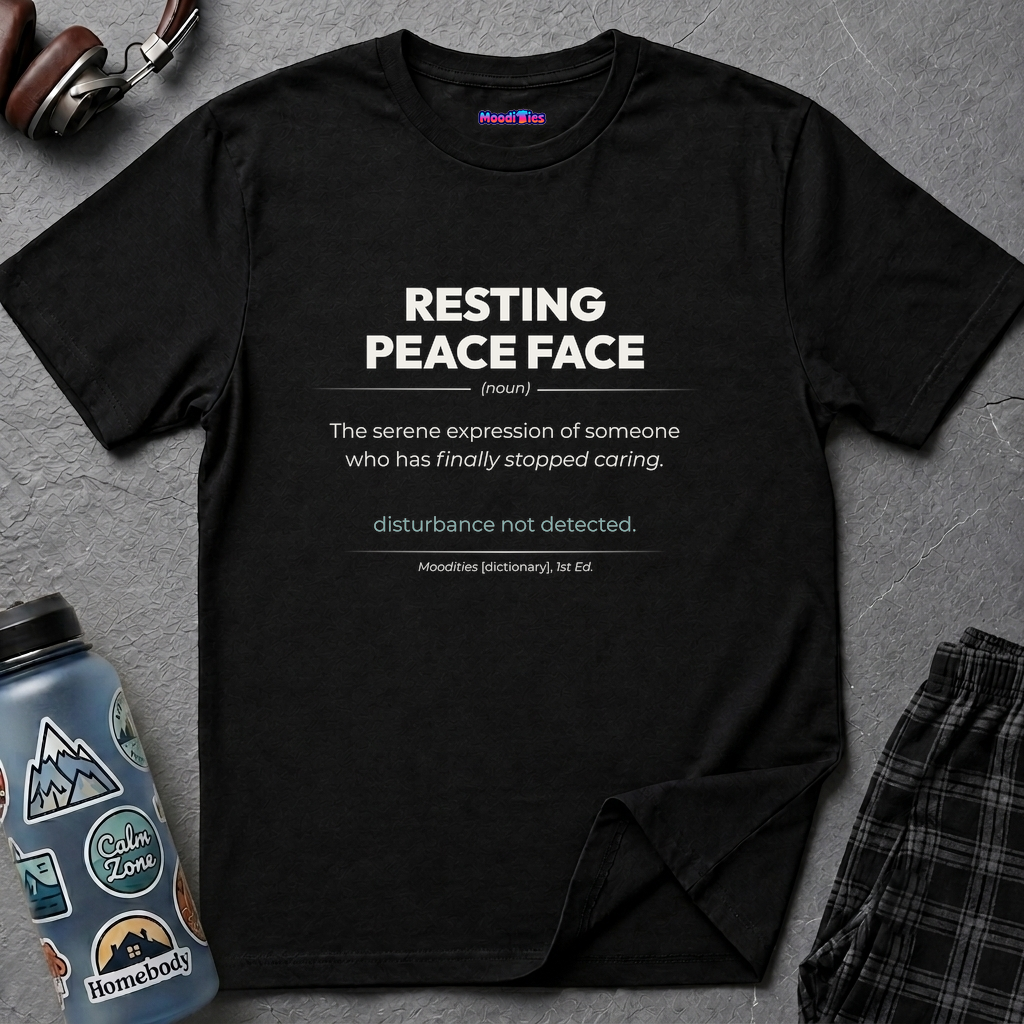 Dictionary entry-style text featuring the word "Resting Peace Face " with its definition and humorous tagline in a clean modern font.