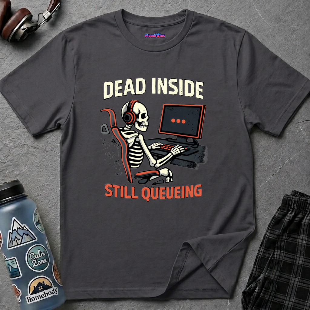 "Dead Inside, Still Queueing" Gaming Skeleton T-Shirt
