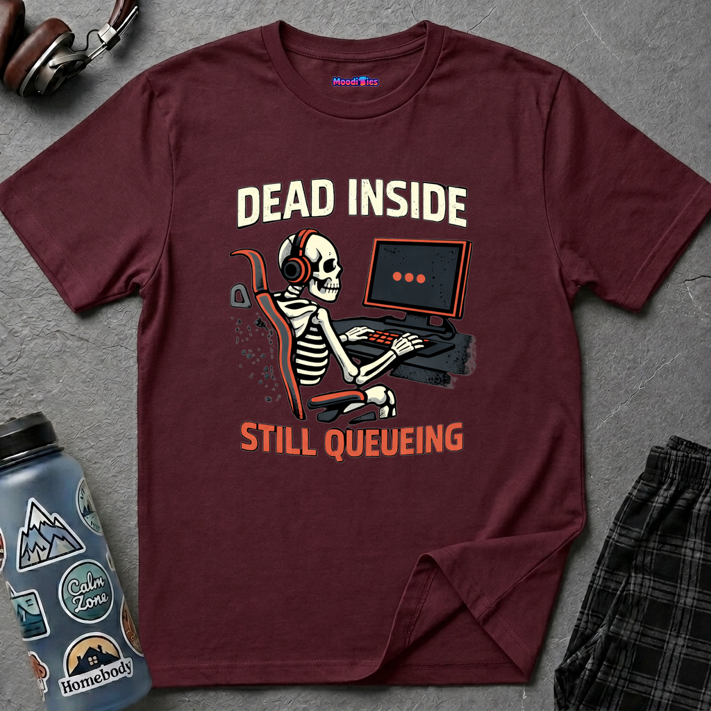 "Dead Inside, Still Queueing" Gaming Skeleton T-Shirt