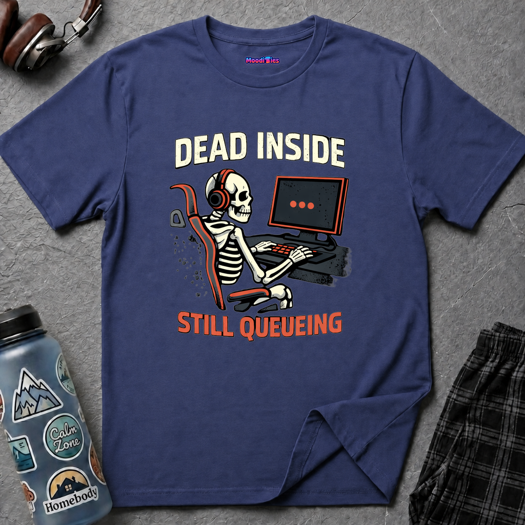 "Dead Inside, Still Queueing" Gaming Skeleton T-Shirt