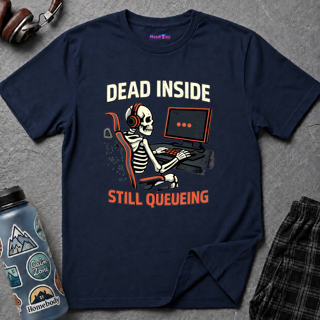 "Dead Inside, Still Queueing" Gaming Skeleton T-Shirt