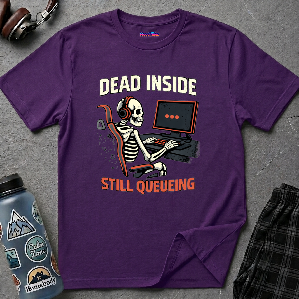 "Dead Inside, Still Queueing" Gaming Skeleton T-Shirt