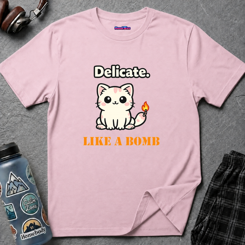 Text "Delicate. Like a Bomb." with cute kawaii kawaii kitty with a lit fuse attached to its tail.