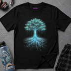 Glowing blue wires and circuitry form the trunk, roots, and branches of a digital Tree of Life graphic on a black background