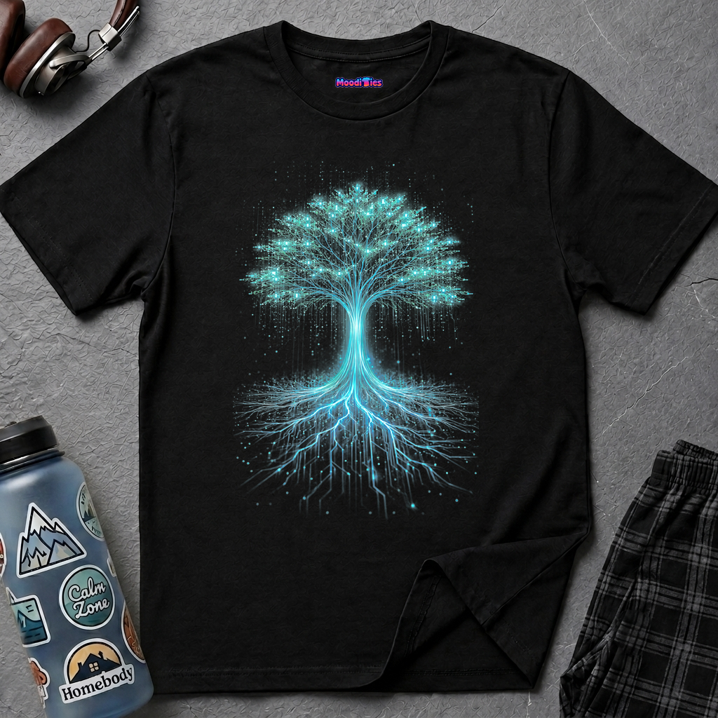Glowing blue wires and circuitry form the trunk, roots, and branches of a digital Tree of Life graphic on a black background