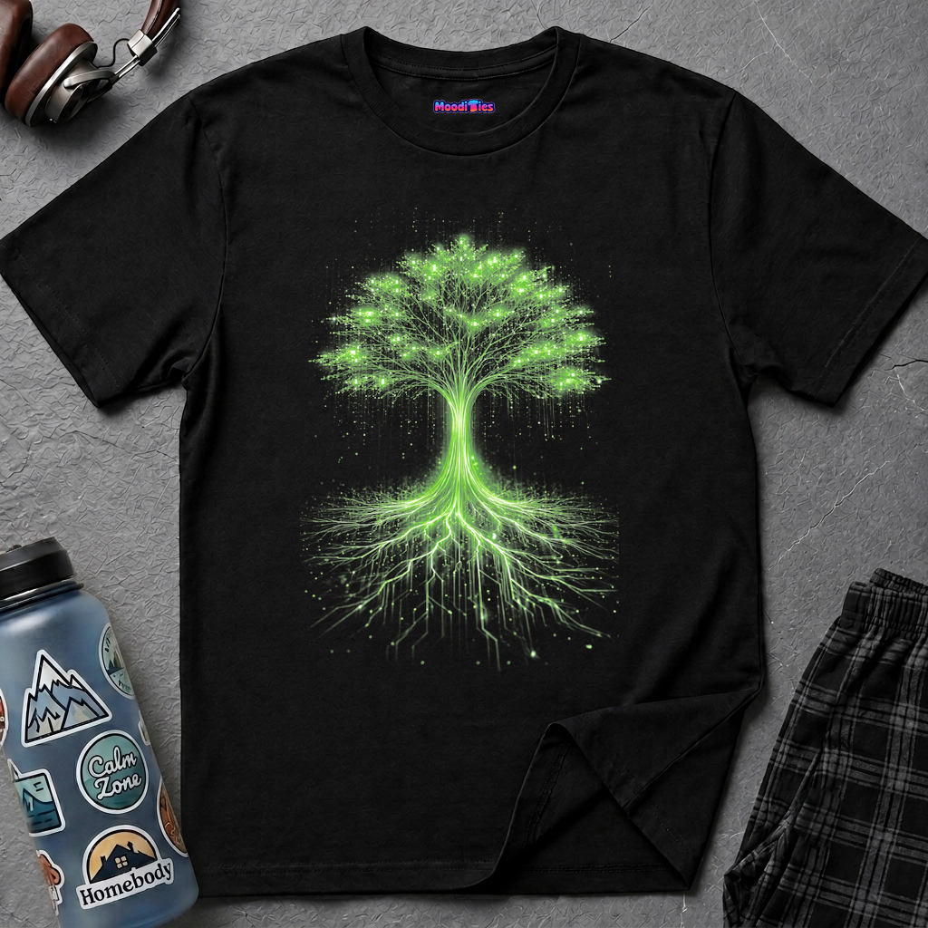 Glowing green wires and circuitry form the trunk, roots, and branches of a digital Tree of Life graphic on a black background