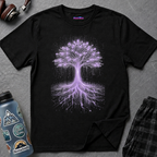 Glowing purple wires and circuitry form the trunk, roots, and branches of a digital Tree of Life graphic on a black background