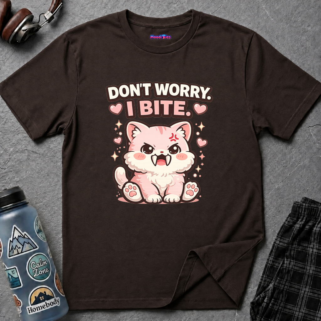 "Don't Worry, I Bite." Fanged Kawaii Kitty T-Shirt