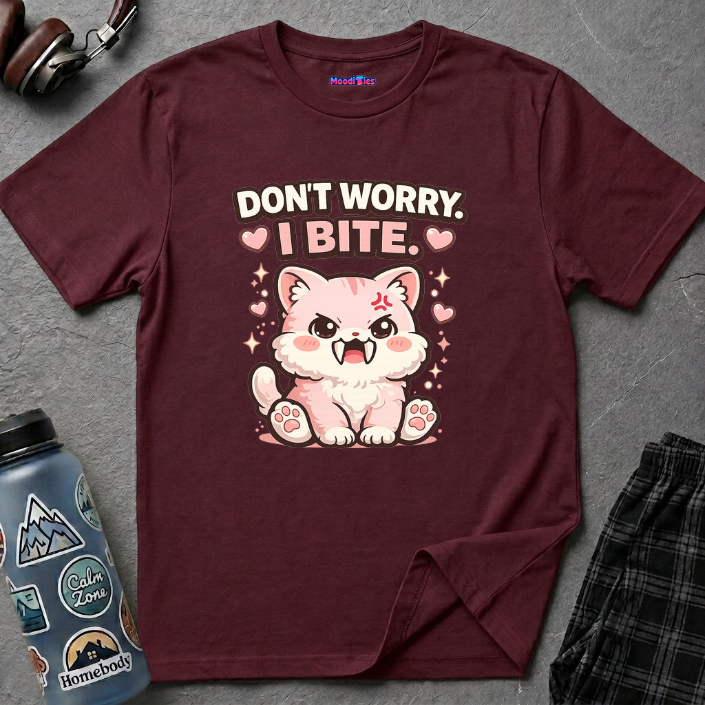 "Don't Worry, I Bite." Fanged Kawaii Kitty T-Shirt