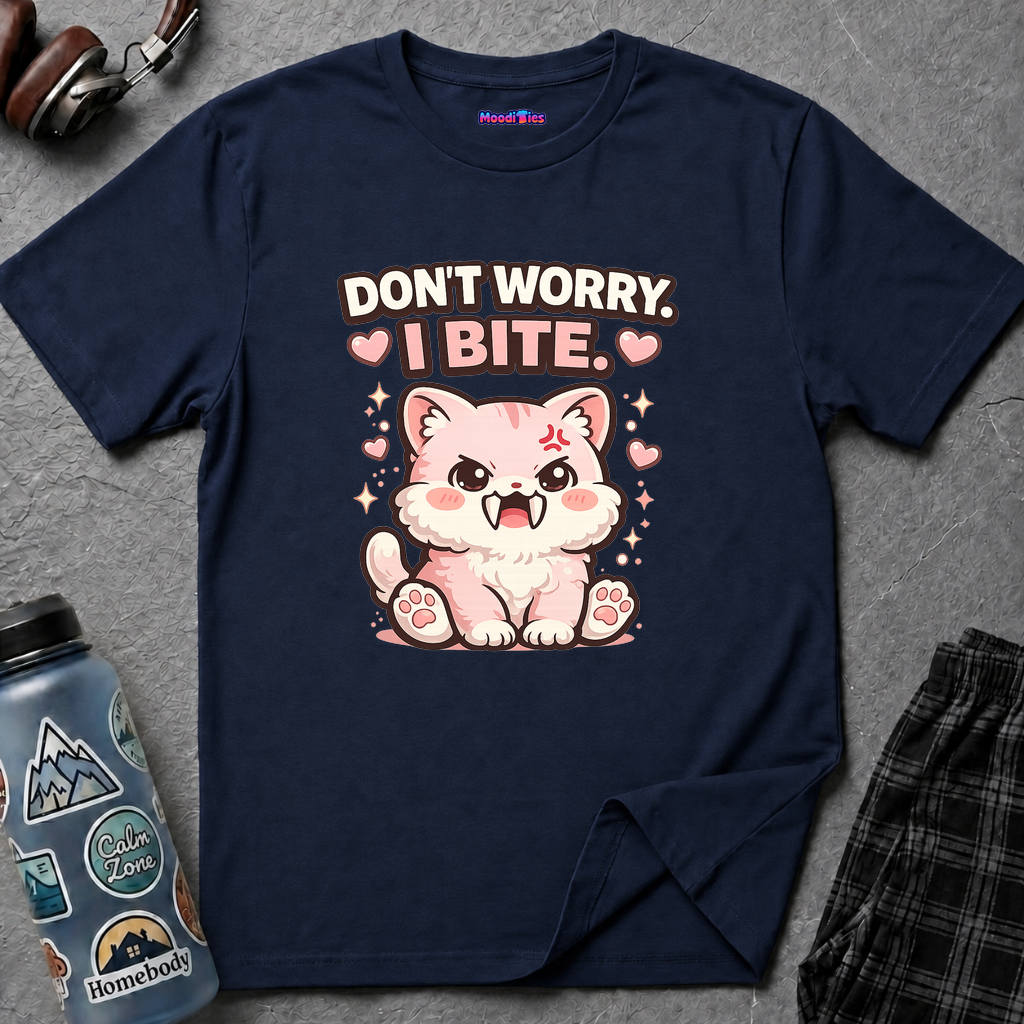 "Don't Worry, I Bite." Fanged Kawaii Kitty T-Shirt
