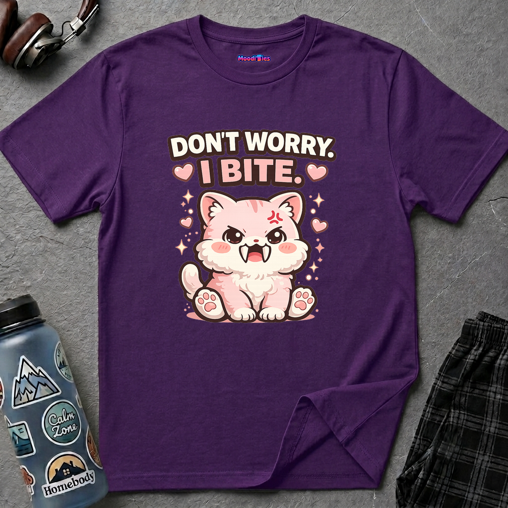 "Don't Worry, I Bite." Fanged Kawaii Kitty T-Shirt