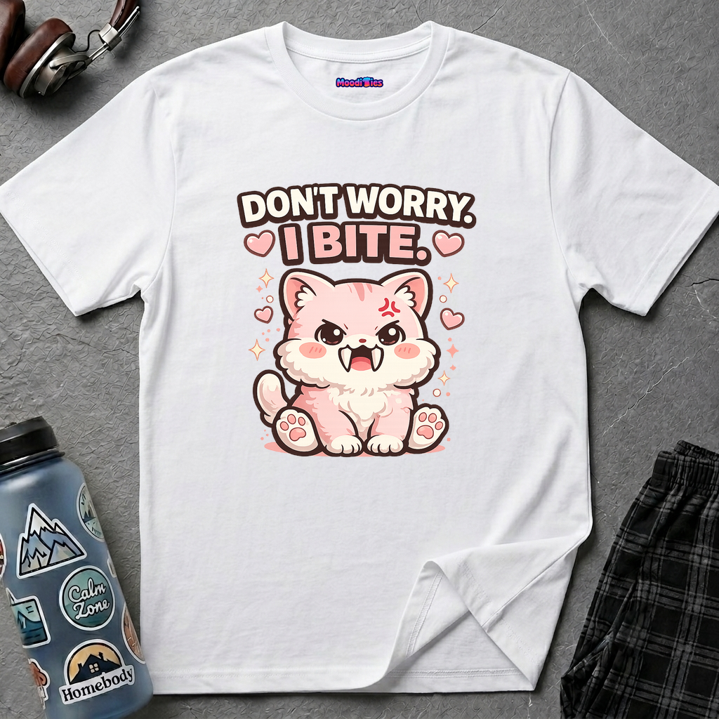 "Don't Worry, I Bite." Fanged Kawaii Kitty T-Shirt