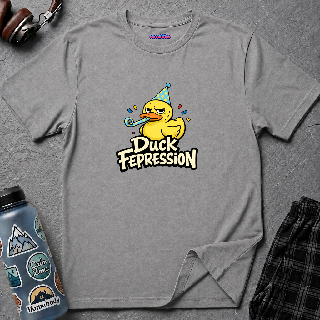 Text "Duck Fepression" featuring unhappy cartoon rubber ducky wearing a party hat and blowing a party horn.