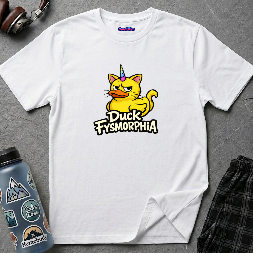 Text "Duck Fysmorphia funny" featuring disgruntled cartoon rubber ducky with cats ears and tail and a unicorn horn.