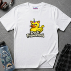 Text "Duck Fysmorphia funny" featuring disgruntled cartoon rubber ducky with cats ears and tail and a unicorn horn.