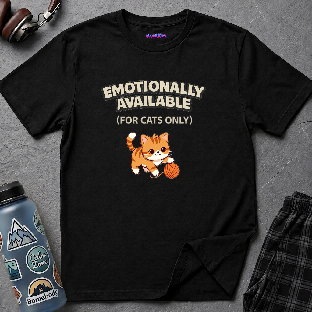 Text "Emotionally Available (For Cats Only)," with cute cartoon orange kitten playing with a ball of orange yarn