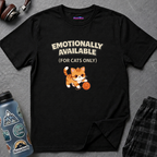 Text "Emotionally Available (For Cats Only)," with cute cartoon orange kitten playing with a ball of orange yarn