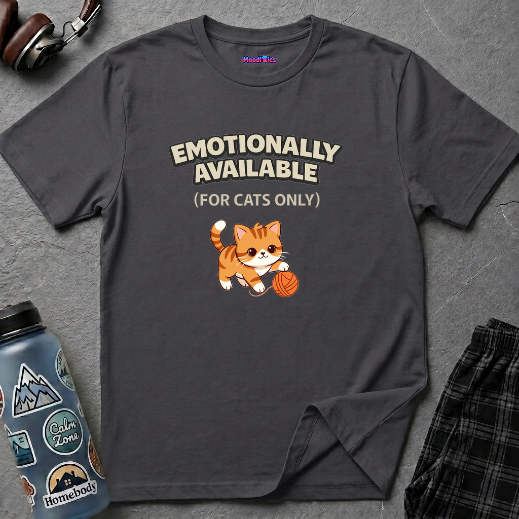 "Emotionally Available (For Cats Only)" Cat Playing with Yarn T-Shirt