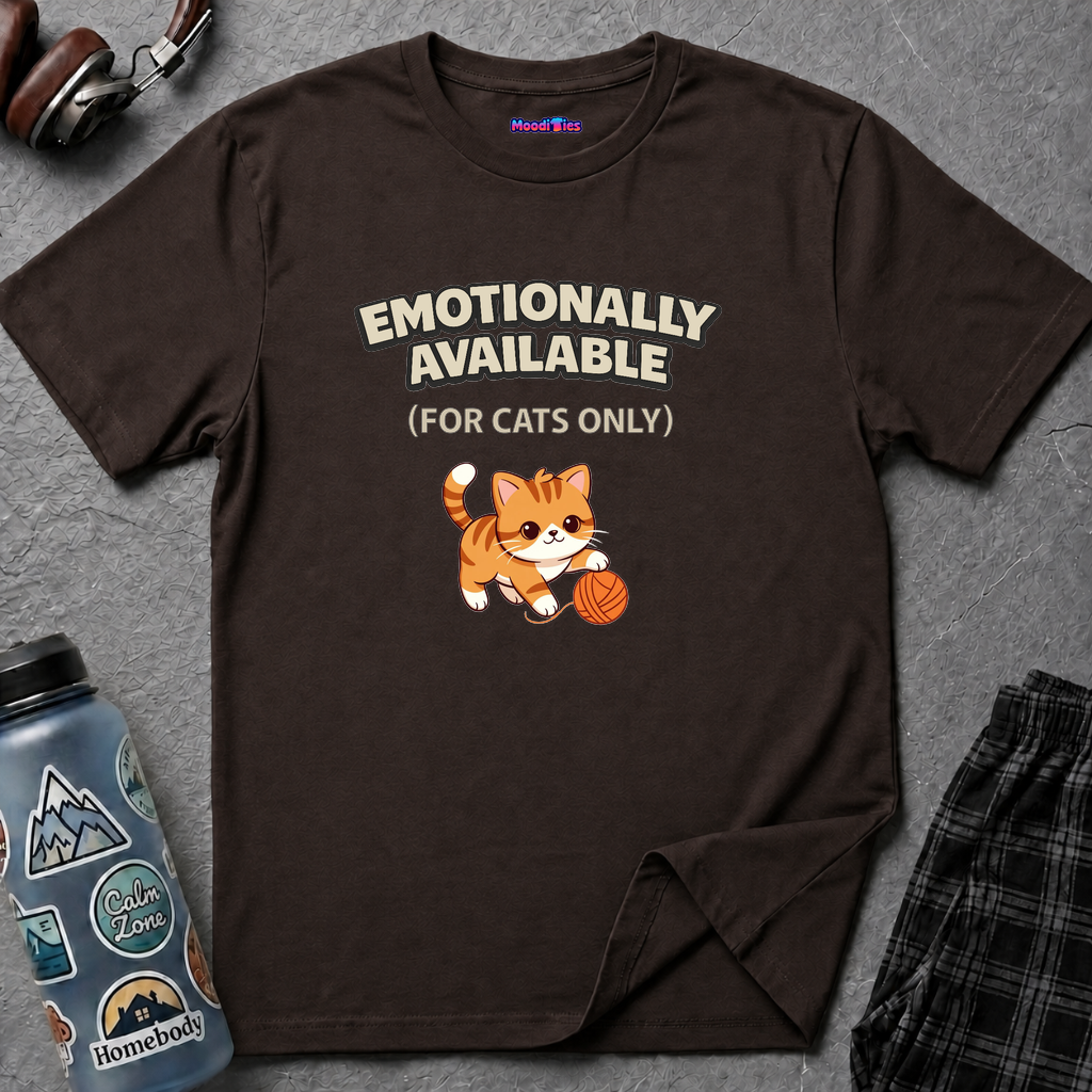 "Emotionally Available (For Cats Only)" Cat Playing with Yarn T-Shirt