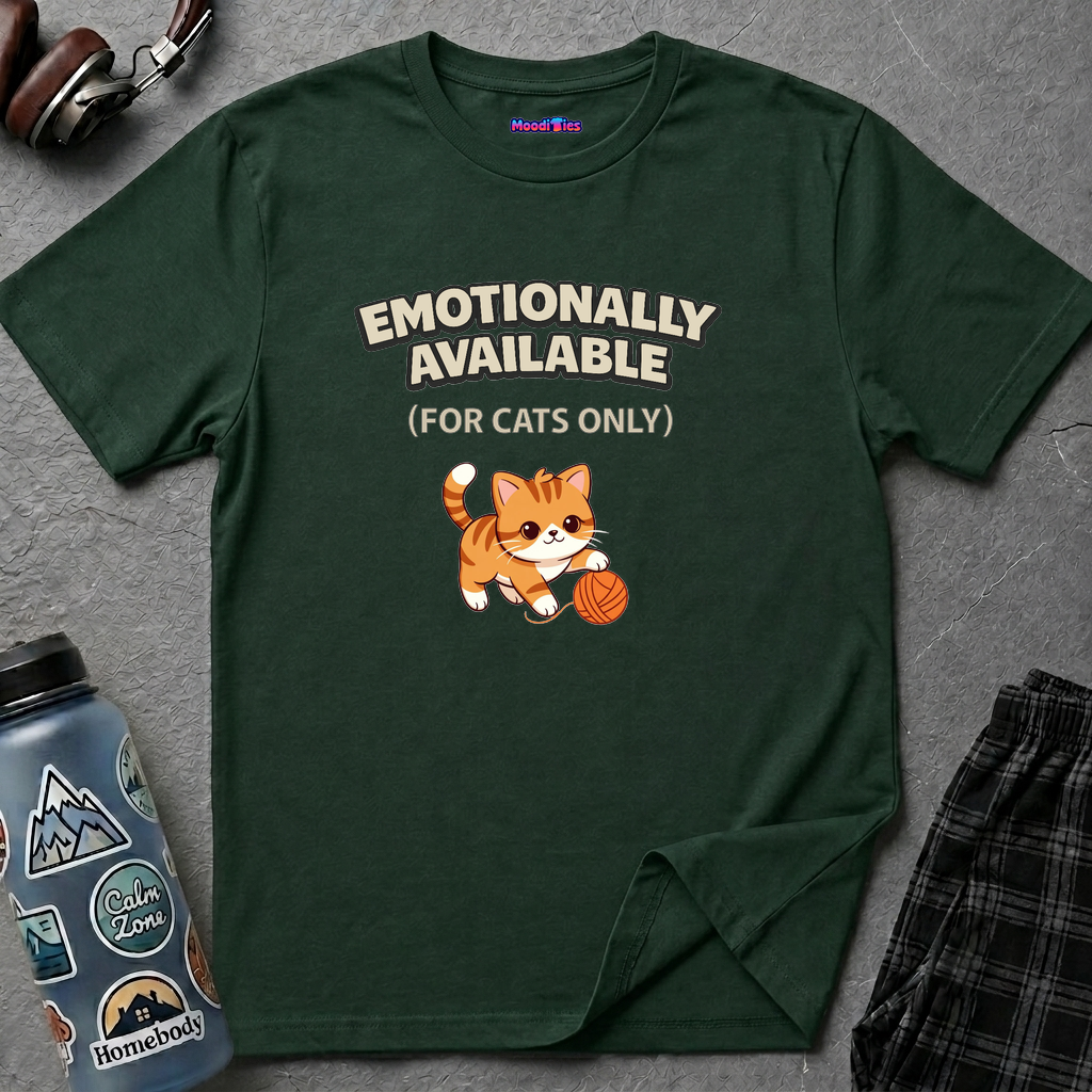 "Emotionally Available (For Cats Only)" Cat Playing with Yarn T-Shirt
