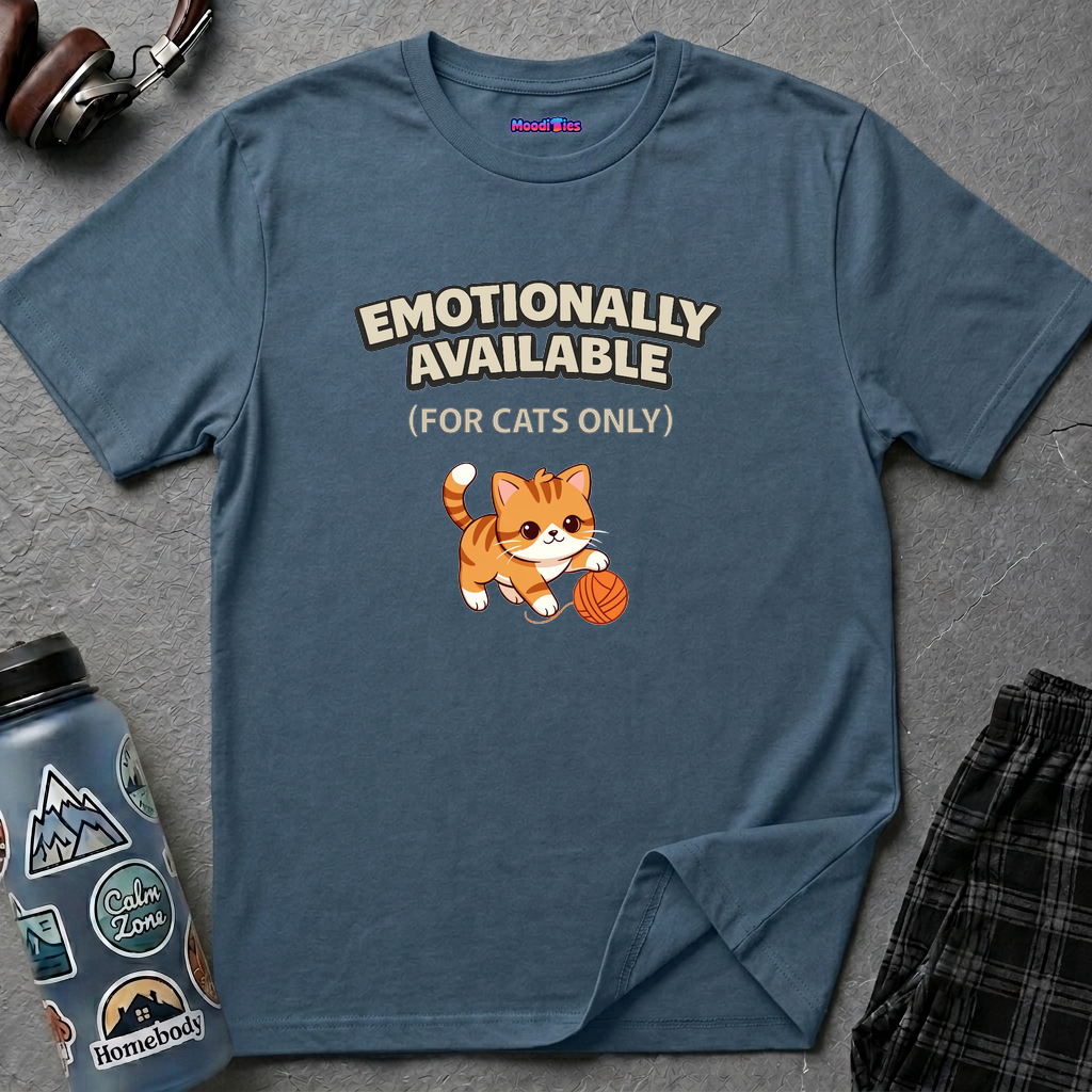 "Emotionally Available (For Cats Only)" Cat Playing with Yarn T-Shirt