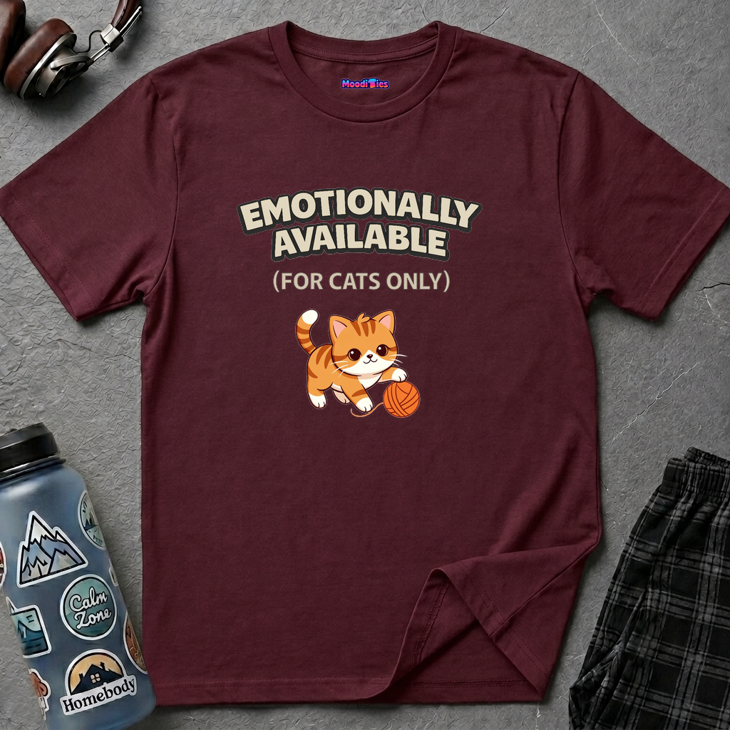 "Emotionally Available (For Cats Only)" Cat Playing with Yarn T-Shirt