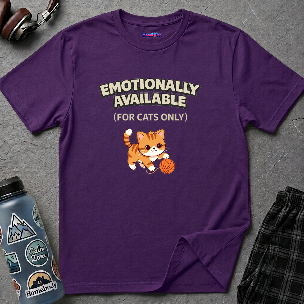 "Emotionally Available (For Cats Only)" Cat Playing with Yarn T-Shirt