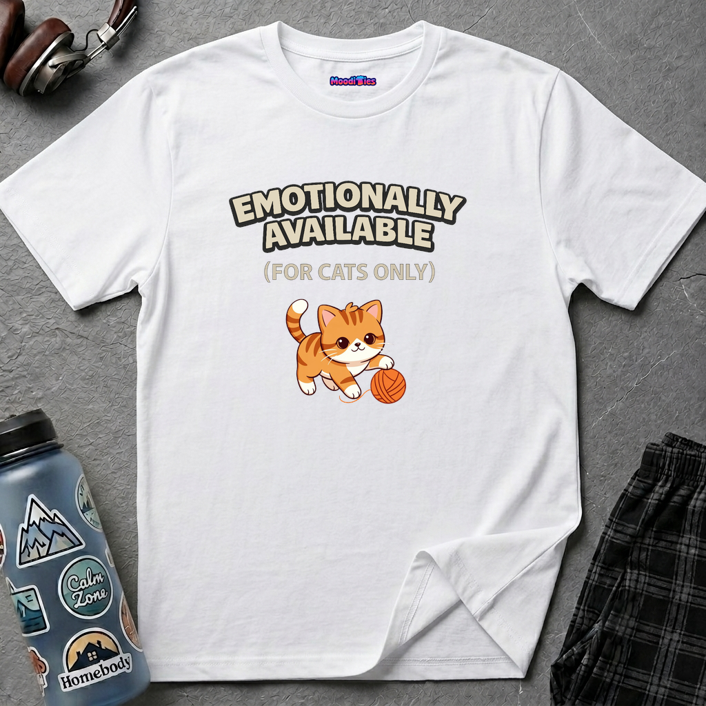"Emotionally Available (For Cats Only)" Cat Playing with Yarn T-Shirt
