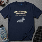Text "Emotionally Available (For Foxes Only)," with cute cartoon fox illustration 