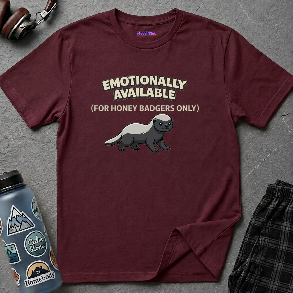 Text "Emotionally Available (For Honey Badgers Only)," with cute cartoon honey badger illustration 