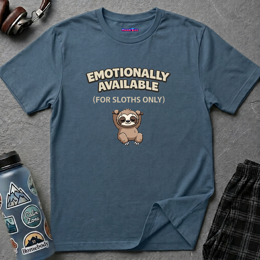 Text "Emotionally Available (For Sloths Only)," with cute cartoon sloth hanging on a branch