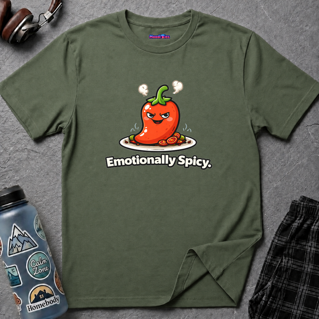 Text "Emotionally Spicy," with wickedly grinning steaming chili pepper on a steaming plate