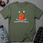 Text "Emotionally Spicy," with wickedly grinning steaming chili pepper on a steaming plate