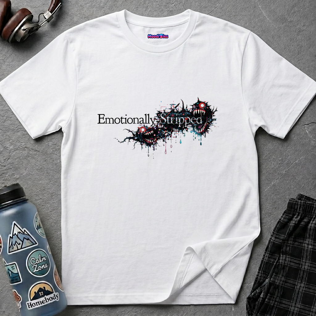 Glitch art of monstrous thorny creatures with red eyes and sharp teeth surrounding the words Emotionally Stripped
