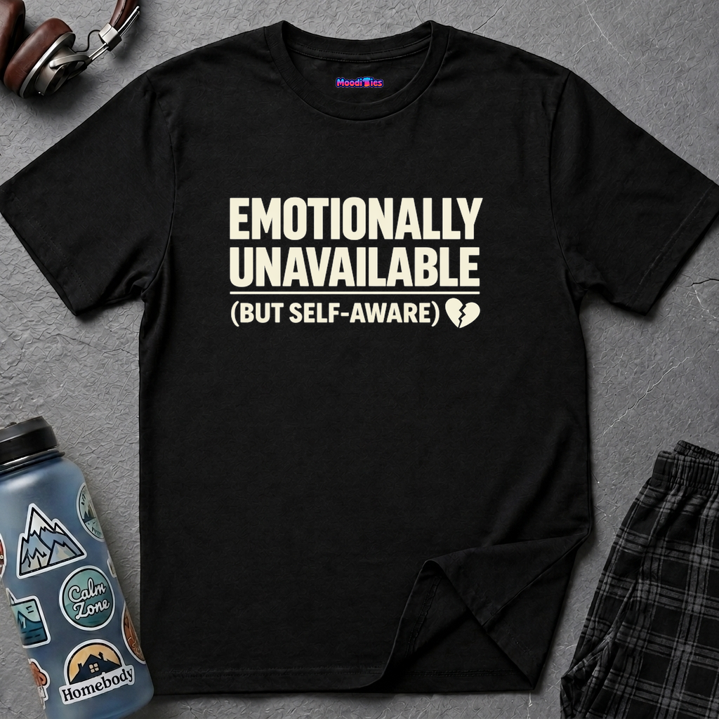 Text "“Emotionally Unavailable (But Self-Aware),” in bold font with a small broken heart