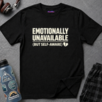 Text "“Emotionally Unavailable (But Self-Aware),” in bold font with a small broken heart