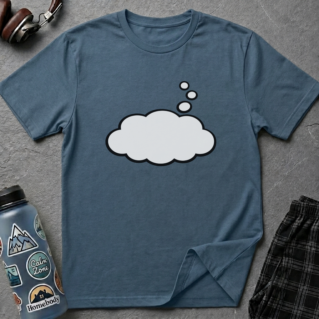 An empty cartoon thought bubble drifting down from the wearer's head