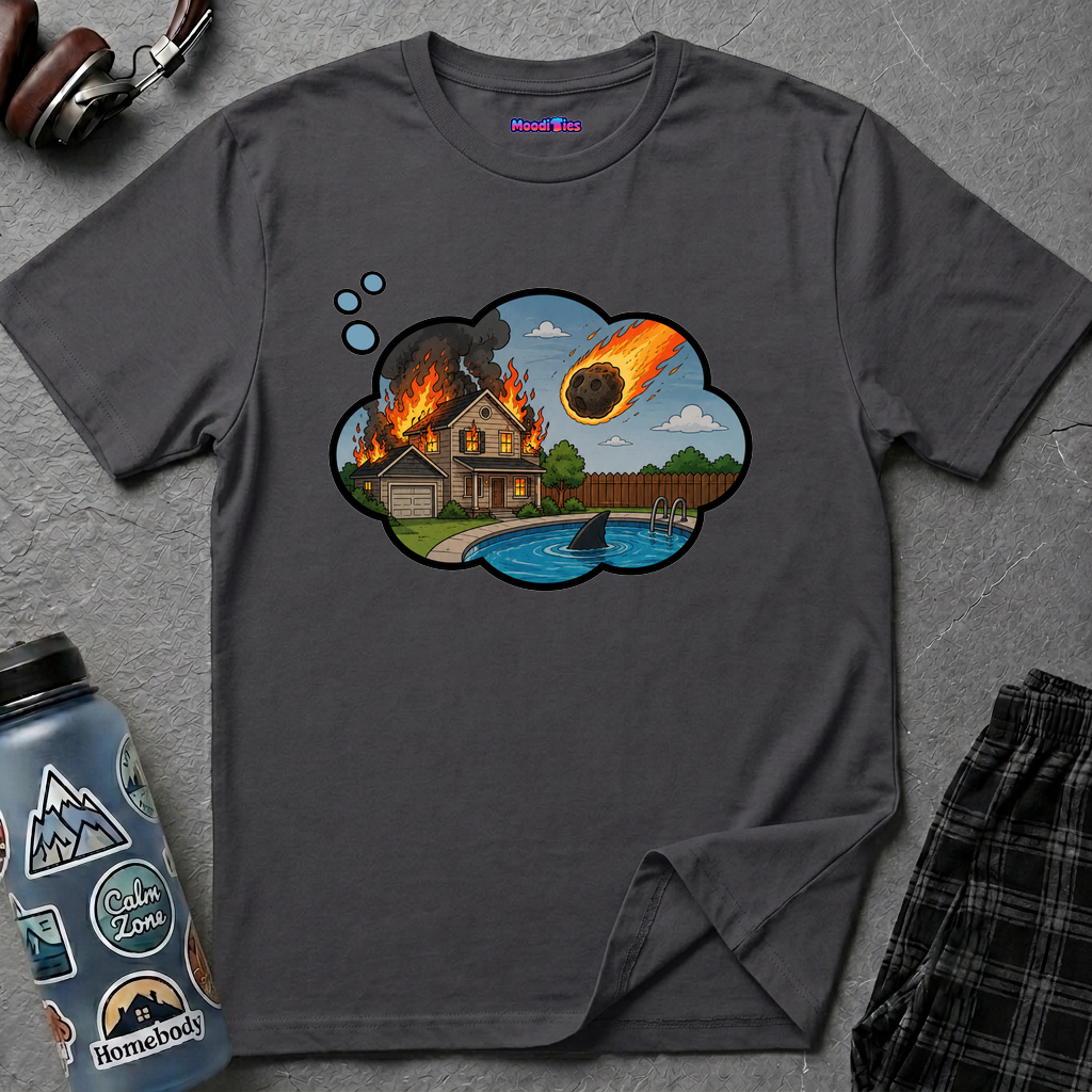 Thought bubble with burning house, falling meteor, shark fin in pool, smoke; text End of the World Anxiety Thought Bubble