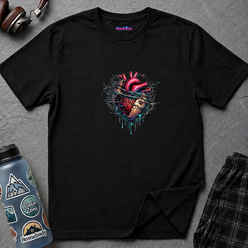 Anatomic human heart wrapped in tangled barbed wire with dripping digital effects and cracks, captioned Entangled Heart